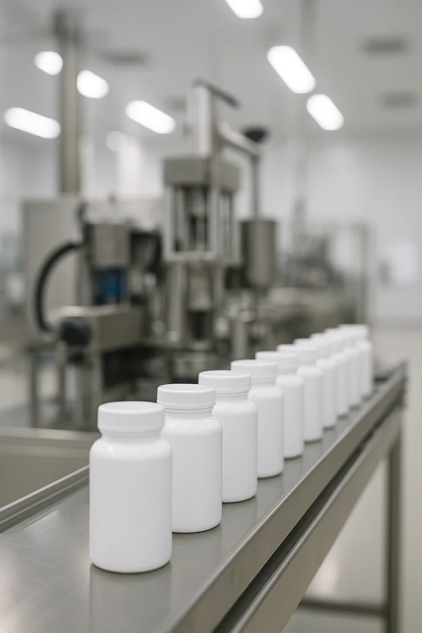 small-batch supplement production line showing 500-bottle MOQ capability for private label brands