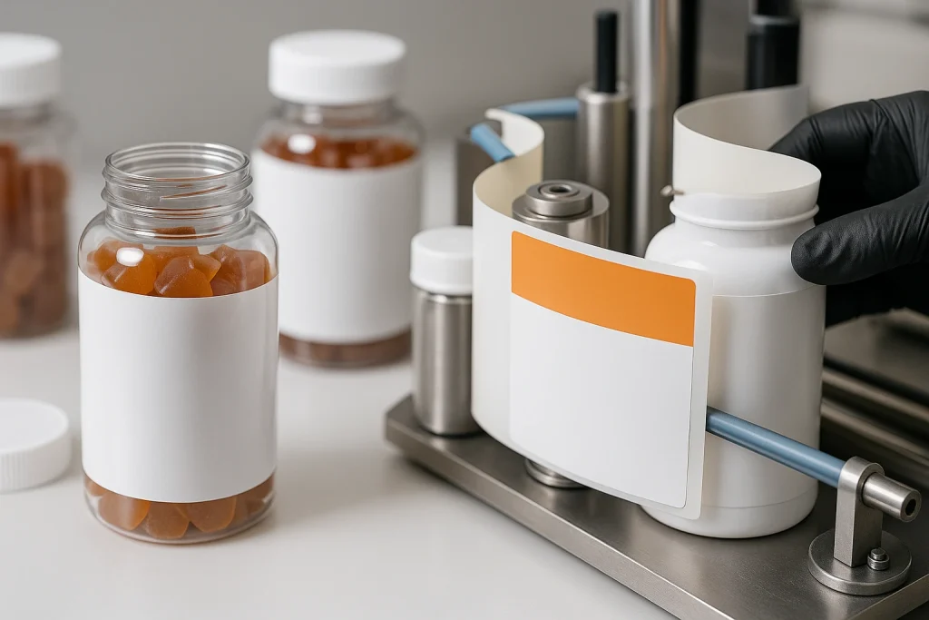 Private label packaging and labeling process for lipo gummies showing custom bottle formats and brand-ready labeling in OEM production