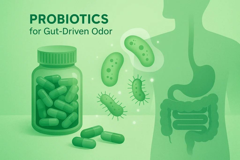 Probiotics for gut-driven odor control shown as a green capsule bottle, beneficial bacteria and human gut silhouette, explaining how internal deodorizing supplements reduce body odor at the digestive source