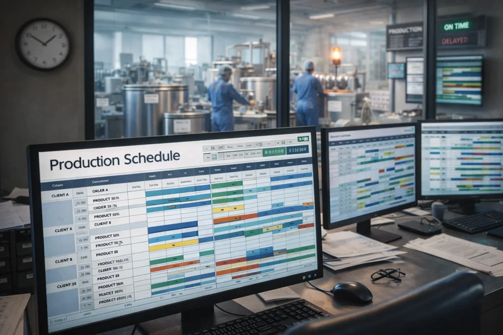 Production scheduling control room in a dietary supplement manufacturing facility, showing capacity planning and workflow coordination that affect long-term reliability