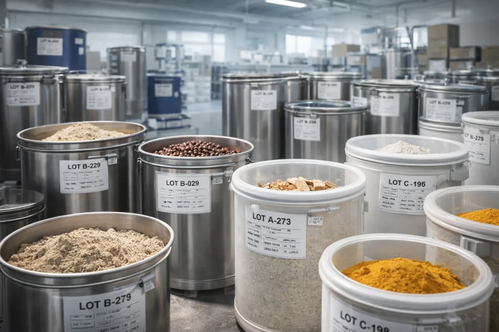 Organized raw material containers with visible lot labels inside a dietary supplement manufacturing facility, highlighting inventory control and batch consistency