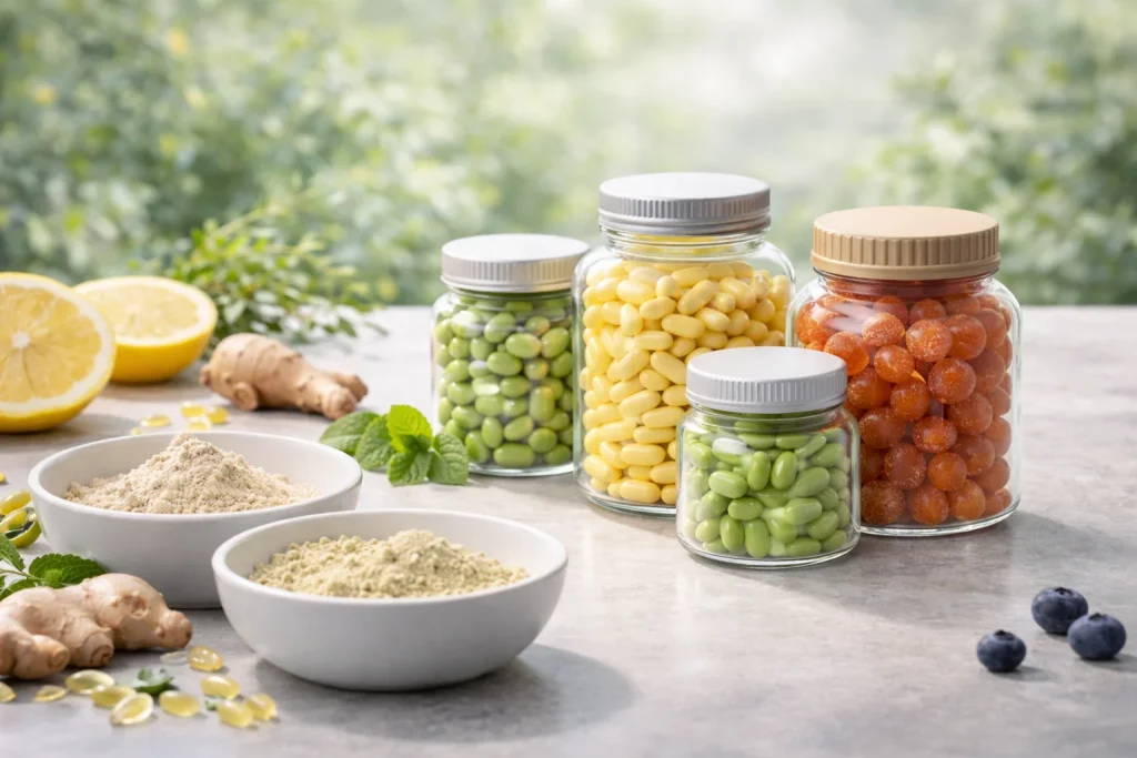 Natural dietary supplement capsules, gummies, and powders displayed with plant-based ingredients in a clean, professional manufacturing context