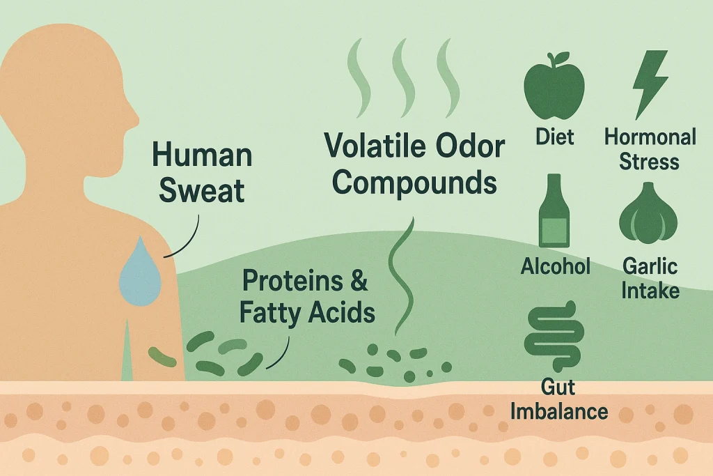 Body odor formation explained through sweat contacting skin bacteria, converting proteins and fatty acids into volatile odor compounds, influenced by diet, stress, alcohol, garlic and gut imbalance