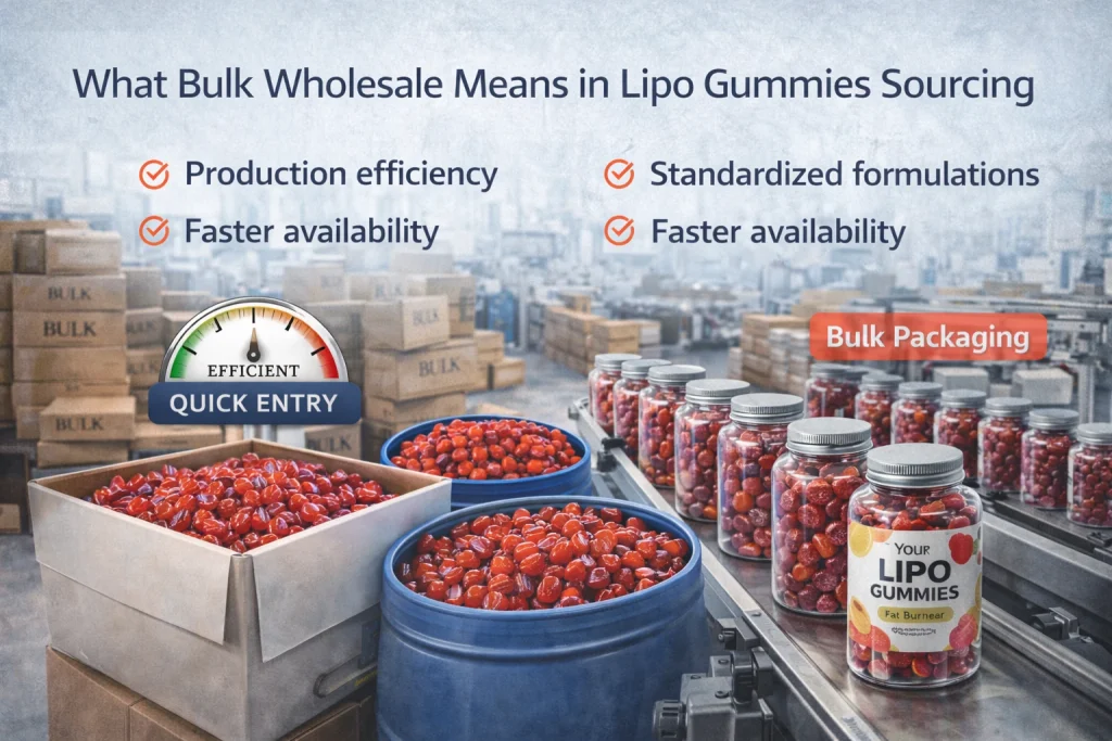 Bulk wholesale lipo gummies shown in neutral containers and bulk packaging inside a manufacturing facility, illustrating standardized formulations, production efficiency, and faster availability for wholesale sourcing models