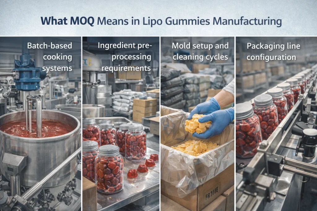 Real production scenes of lipo gummies manufacturing, showing batch cooking systems, ingredient pre-processing, mold setup, and packaging line configuration that determine minimum order quantity