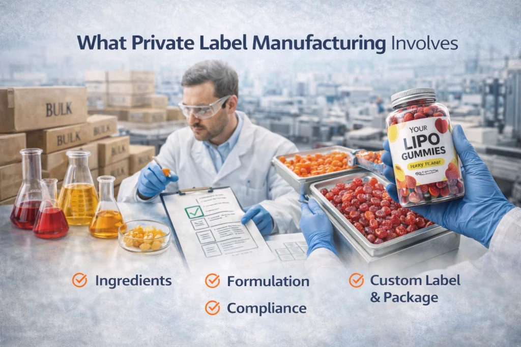 Private label lipo gummies manufacturing process showing ingredient selection, formulation testing, compliance review, and customized packaging development in a controlled production environment