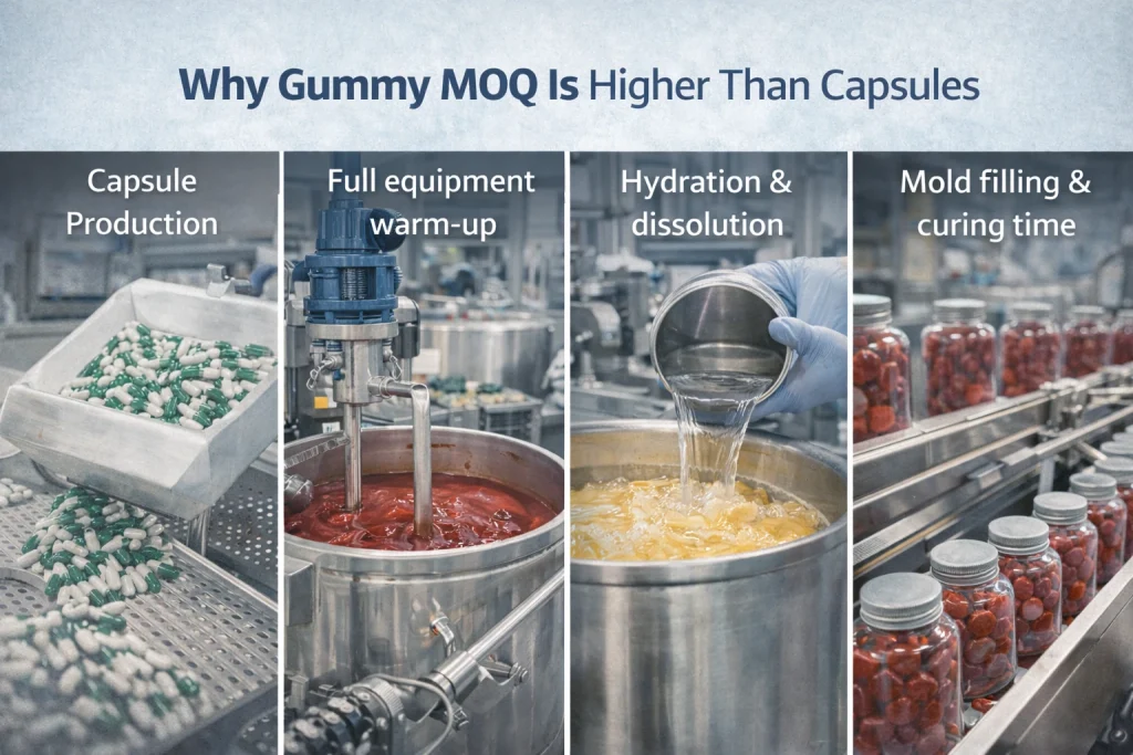 Side-by-side manufacturing scenes comparing capsule production and gummy production, showing heated gel processing, ingredient hydration, mold filling, and curing steps that lead to higher MOQ for lipo gummies than capsules