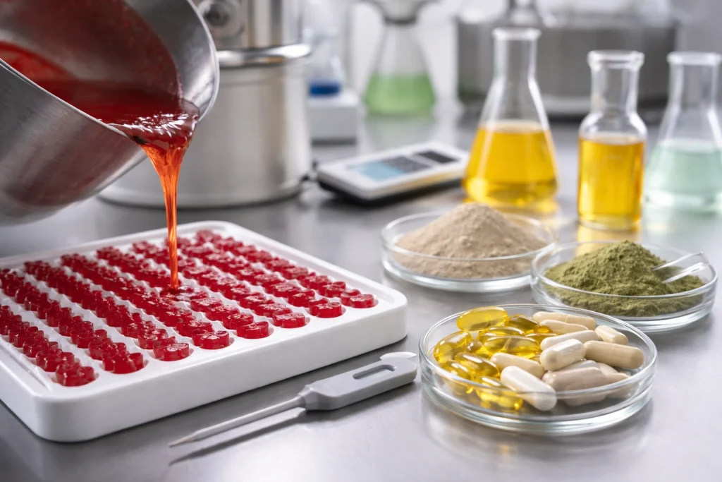 Gummy manufacturing process showing ingredient integration and molding, illustrating why ingredient selection matters more in lipo gummies than other supplement formats