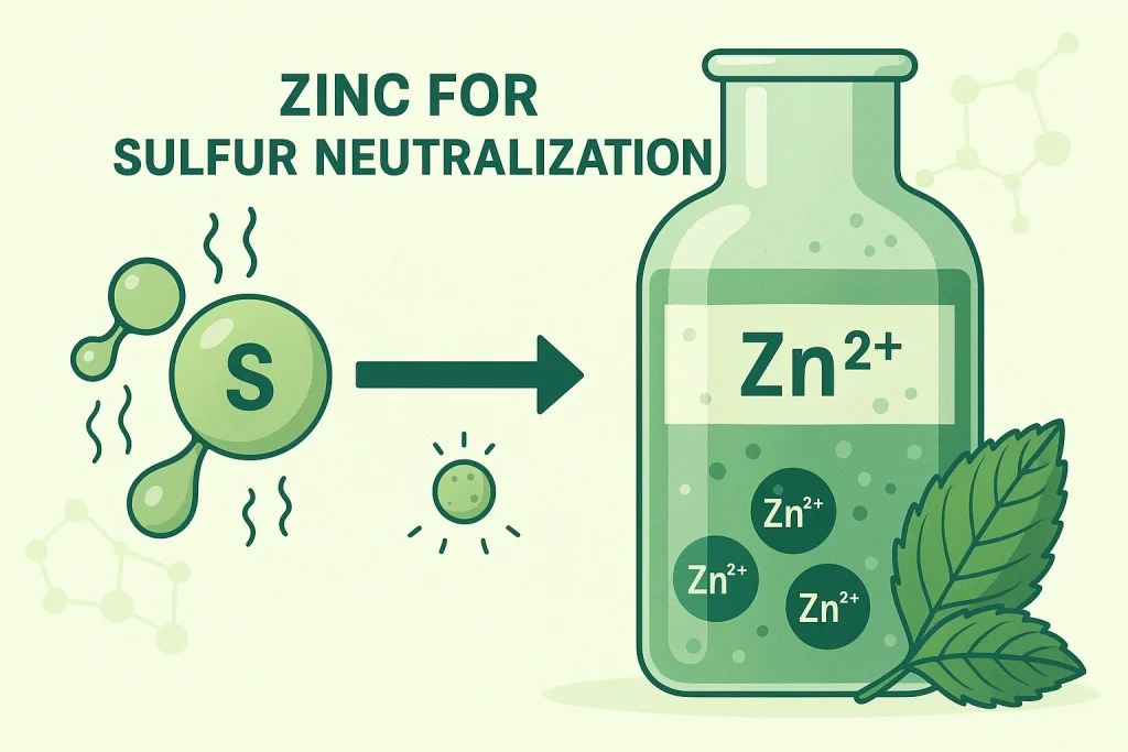 Zinc for sulfur neutralization mechanism in deodorizing supplements showing Zn2+ ions binding sulfur compounds, visualized in a green scientific 16:9 illustration