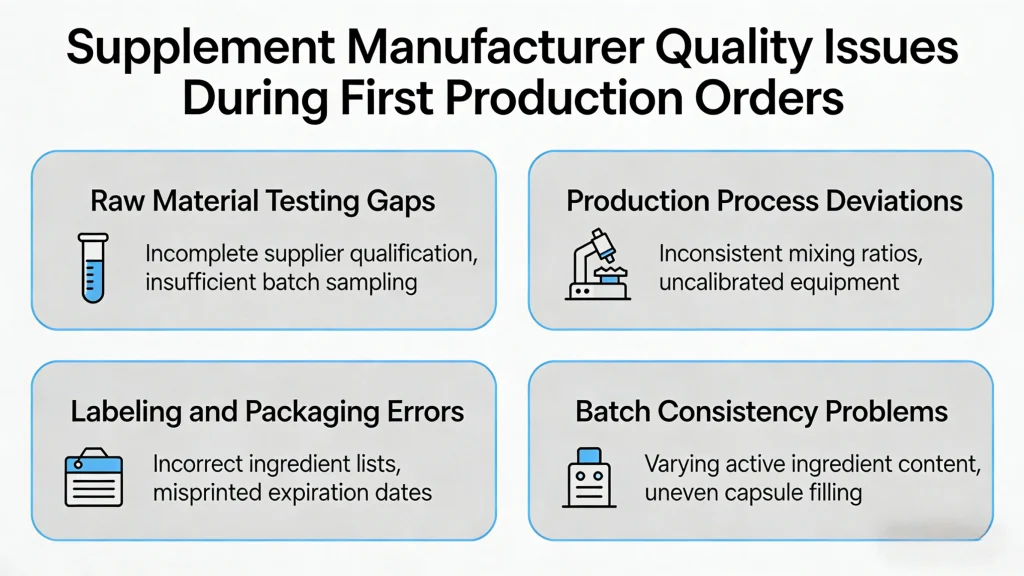supplement manufacturer quality issues appearing during first production orders and early supplier onboarding