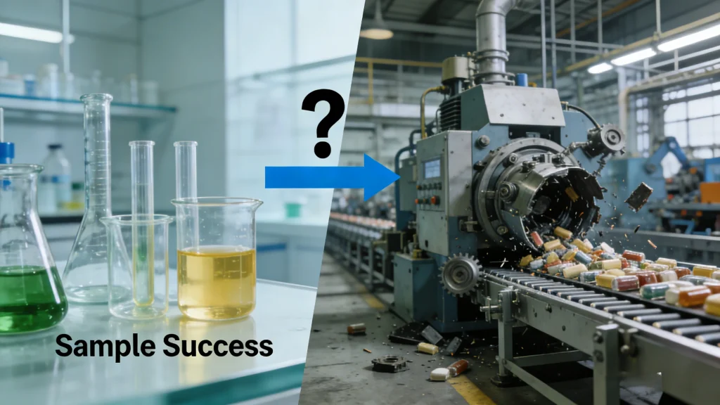 Supplement manufacturing samples confirming formulation feasibility but not long-term production reliability at scale
