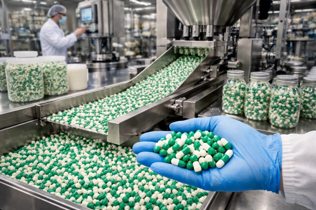 Dietary supplement manufacturing process showing automated capsule filling and quality control in a GMP-certified supplement factory