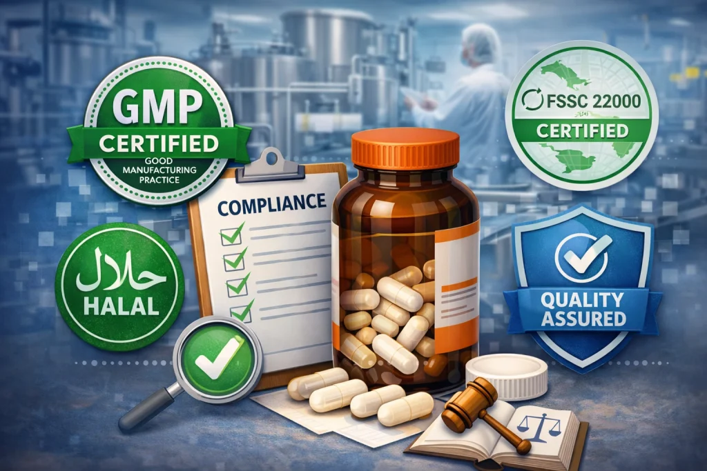 Supplement manufacturer certifications illustrating GMP, FSSC 22000 and Halal compliance as risk control tools in long-term supplement manufacturing