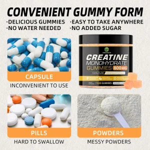 Creatine monohydrate gummies compared with capsules pills and powders highlighting convenient gummy format for easy daily use
