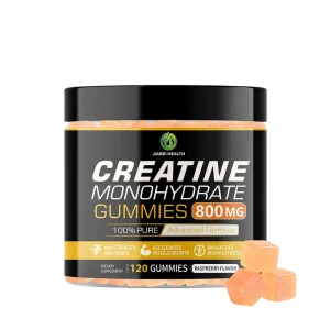 Creatine monohydrate gummies bottle with raspberry flavored gummies for workout and performance support