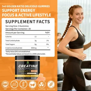Creatine monohydrate gummies supplement facts showing 800 mg creatine per serving for energy and active lifestyle support