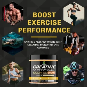 Creatine monohydrate gummies shown with multiple sports and fitness activities to support exercise performance and active lifestyle