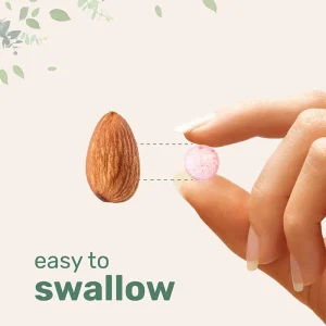 Vitamin B12 chewable tablets size comparison showing small round tablet next to almond for easy swallowing reference