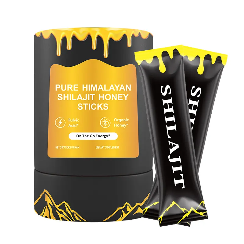Pure Himalayan Shilajit Honey Energy Sticks packaging with single serve stick sachets for private label supplement brands