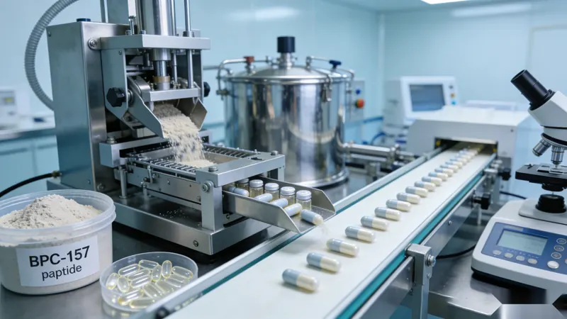 BPC-157 peptide capsules manufacturing context illustrating research use positioning and controlled scope in OEM production
