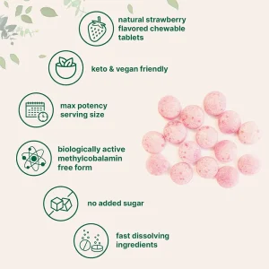 Vitamin B12 chewable tablets with strawberry flavor vegan friendly formula and methylcobalamin active form
