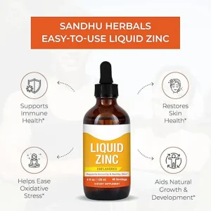 Liquid zinc drops showing immune support, skin health and growth development benefits