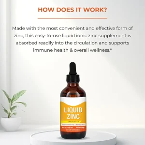 Liquid zinc drops supplement explaining absorption and immune support benefits in 120ml bottle