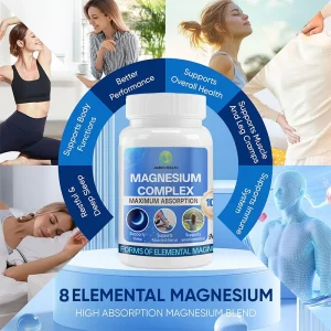 Magnesium complex capsules showing benefits for sleep muscle recovery immune system and overall health
