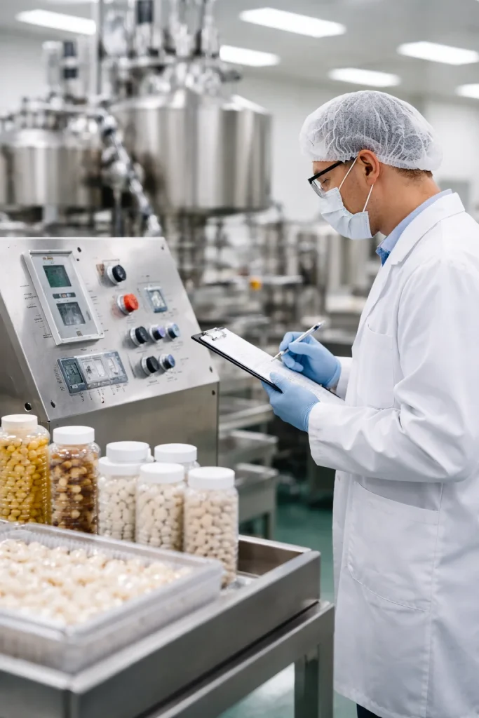 Quality control inspection at a private label supplement manufacturer facility with GMP-certified production
