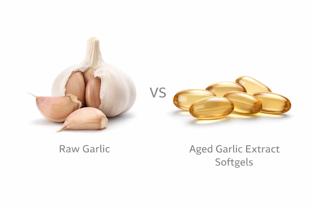 aged garlic extract softgels vs raw garlic cloves supplement comparison odorless garlic supplement