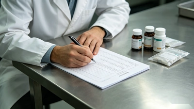 Quality staff reviewing supplement batch records as part of food safety management practices.