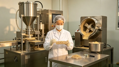 Technician inspecting capsule supplements during in-process quality control.