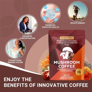 functional mushroom coffee powder benefits including energy focus digestion and immune support