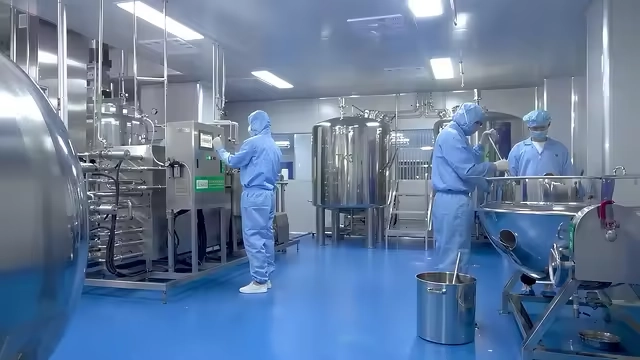 GMP cleanroom dietary supplement manufacturing process with stainless steel mixing equipment