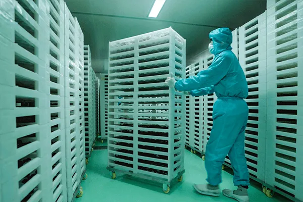 worker moving supplement production trays in GMP cleanroom facility