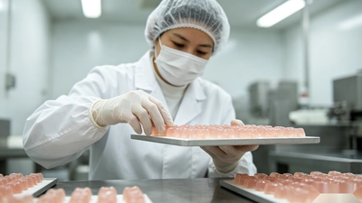 Worker checking gummy supplements during food safety and quality control in a manufacturing facility.