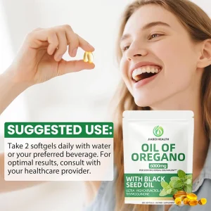 woman taking oil of oregano softgel capsules daily dietary supplement usage