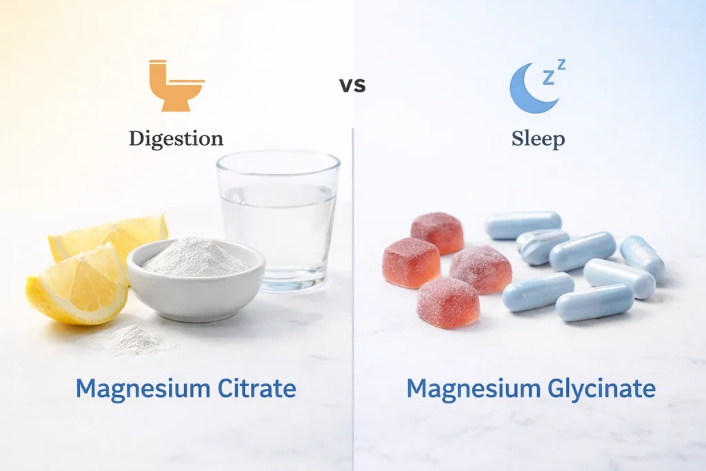 magnesium citrate vs glycinate visual comparison showing powder and capsules for digestion and sleep support
