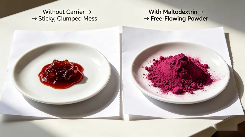 Comparison of beet juice powder texture without and with maltodextrin carrier. Left side shows sticky clumped sugar mass. Right side shows fine free-flowing ruby red powder.