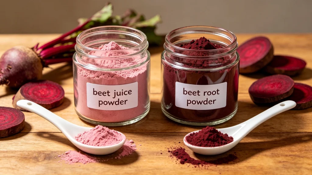 Side-by-side comparison of beet juice powder vs beet root powder in water. Left glass shows cloudy beet root powder with sediment. Right glass shows clear ruby-red beet juice powder fully dissolved.