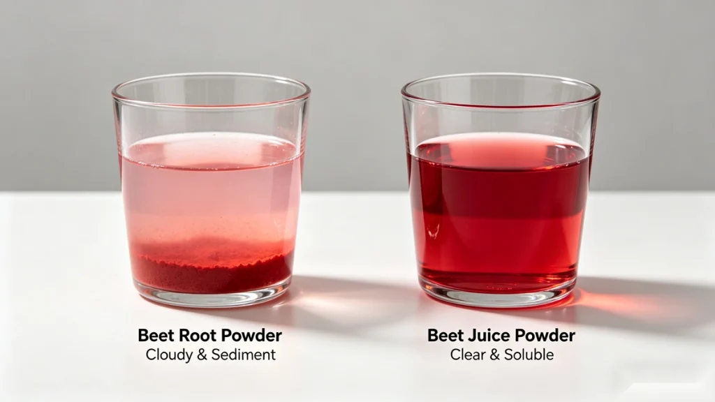 Water solubility test comparing beet root powder vs beet juice powder. Left glass shows cloudy liquid with sediment. Right glass shows clear ruby-red solution fully dissolved.
