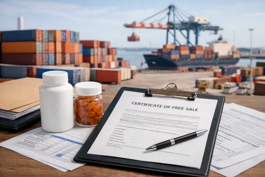 Supplement export documents with certificate of free sale and container port background