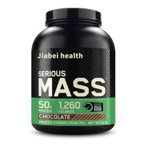 Chocolate mass gainer powder in black jar for private label sports nutrition brand