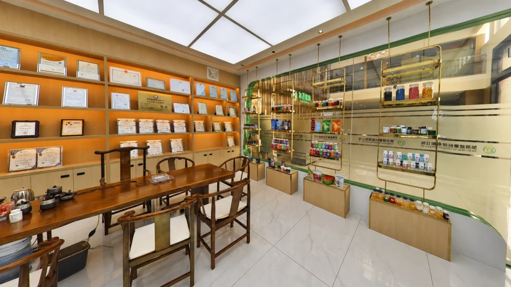 Jiabei Health showroom with certification wall and supplement product displays for OEM and private label manufacturing inquiries