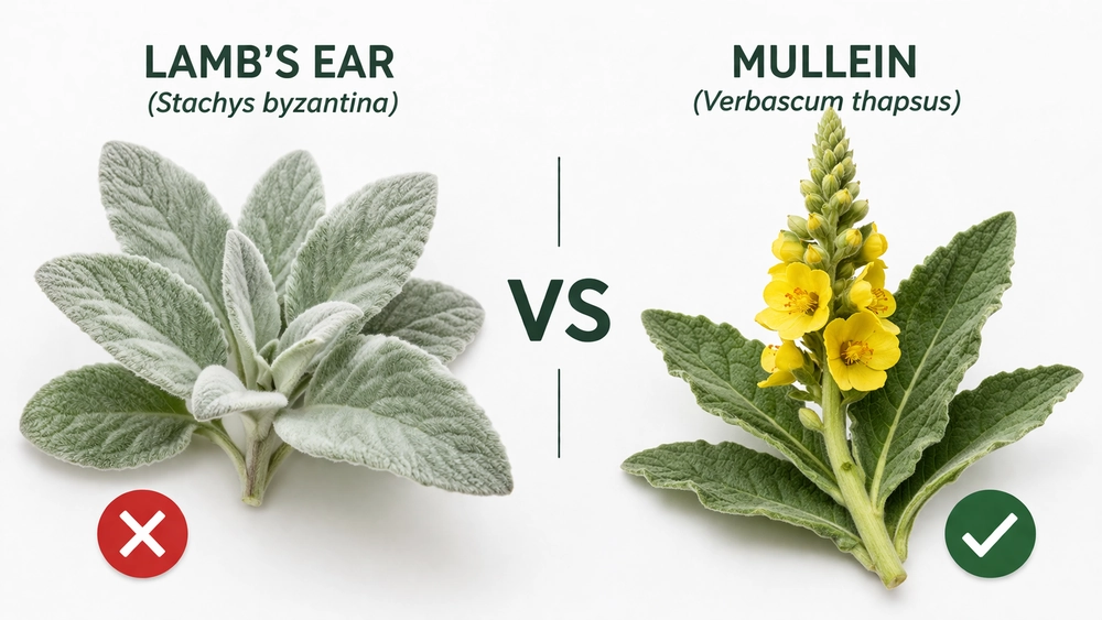 Side by side comparison of lamb’s ear and mullein plants showing differences in leaf structure and respiratory use