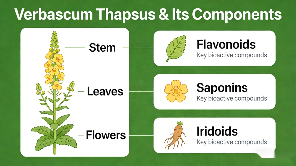 Mullein plant with key compounds such as saponins, flavonoids, and mucilage highlighted