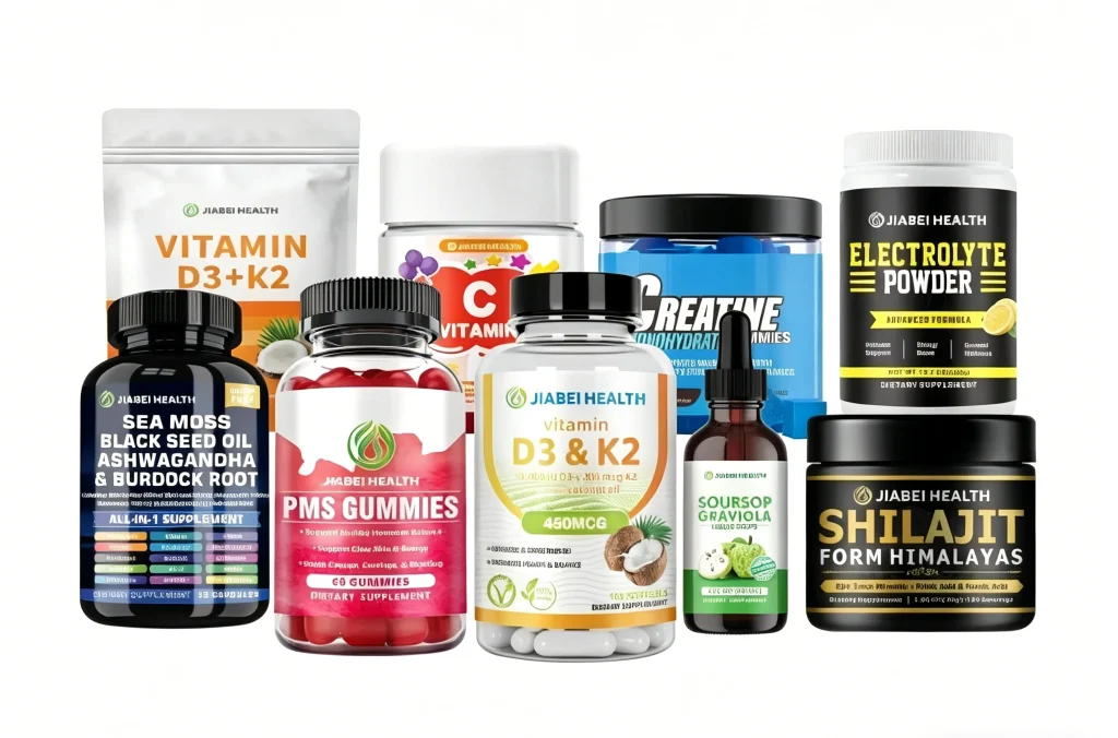 Multi-format supplement production at an OEM factory for gummies, capsules, powders, liquids, and tablets