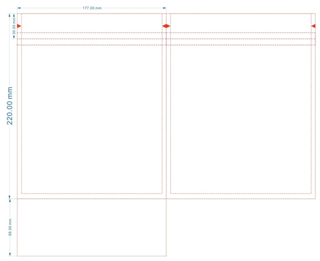 Pouch packaging dieline template showing cut lines, fold marks, and bleed area for supplement packaging design