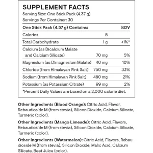 Supplement facts for sugar free electrolyte stick packs with sodium chloride potassium magnesium and calcium
