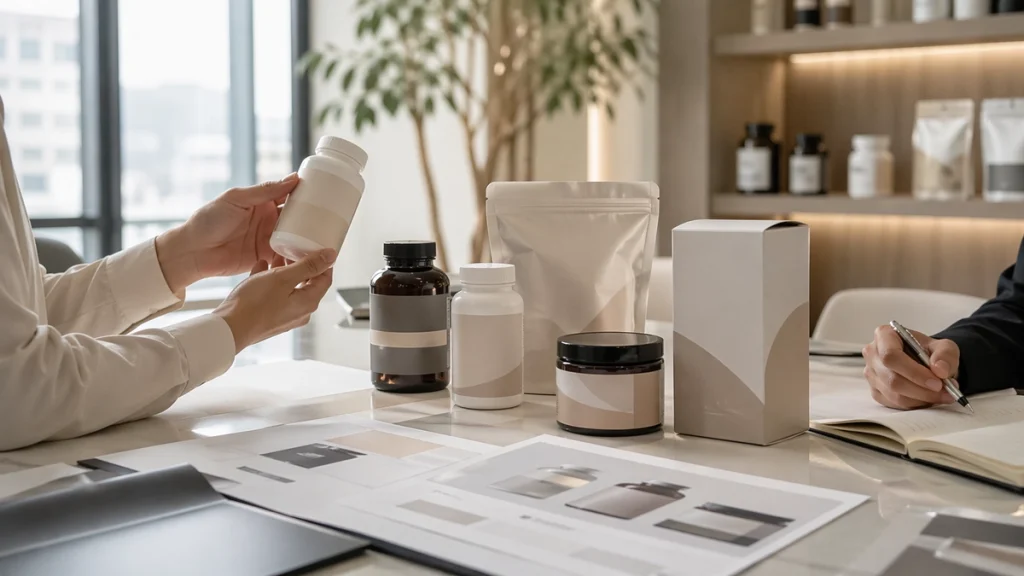 Supplement packaging consultation with bottles pouches cartons and packaging design samples